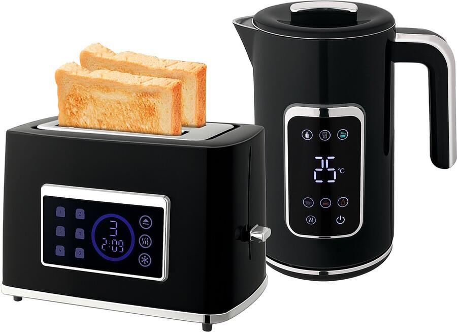 Waterkoker en broodrooster set met LED-touchscreen 1 7 L 2 roostergleuven modi en functies Zwart