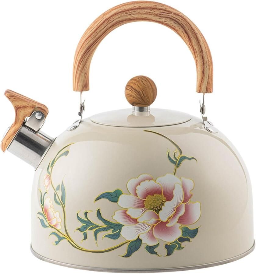 Waterkoker Fluitketel Thee Zetten Bloemenpatroon 3 Liter Beige