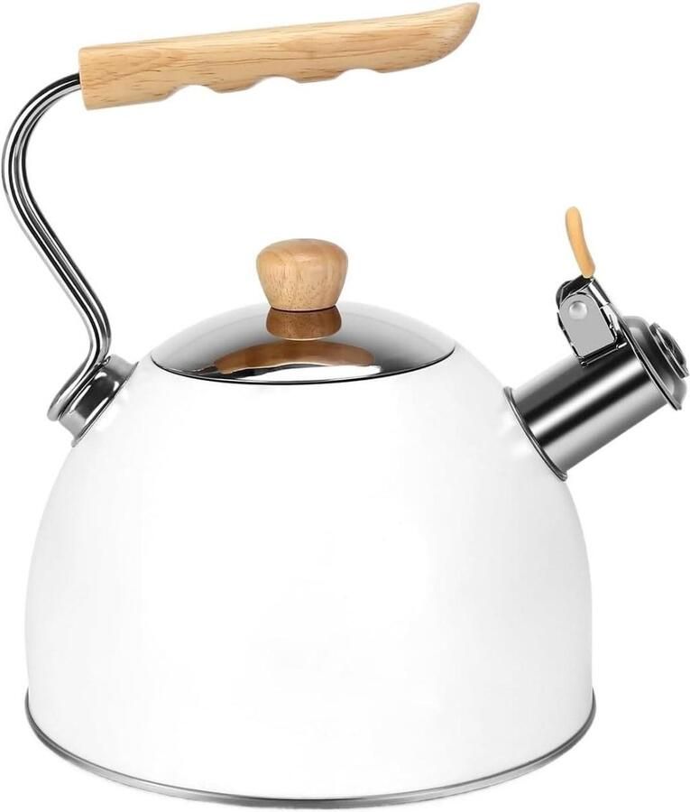 Waterkoker Fluitketel Theeketel Roestvrij Staal Water Koken Met Houtpatroon Handvat 25 Liter Wit