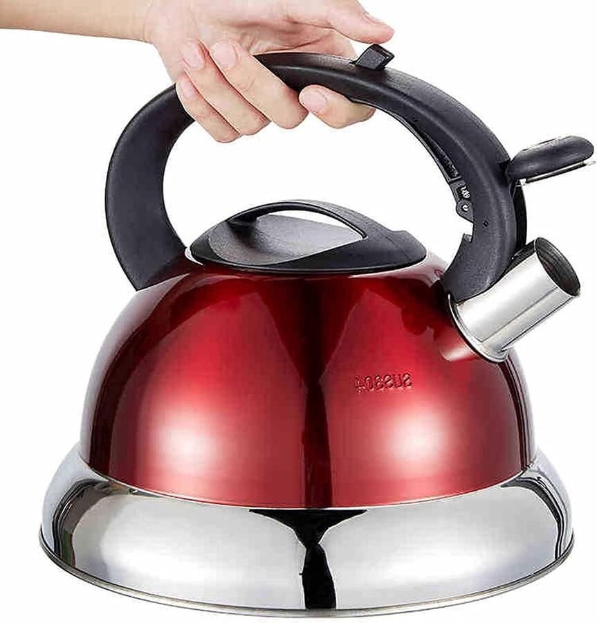Waterkoker Fluitketel Theeketel RVS Koffie en Thee Veilig Ergonomisch Handvat 3 Liter Rood