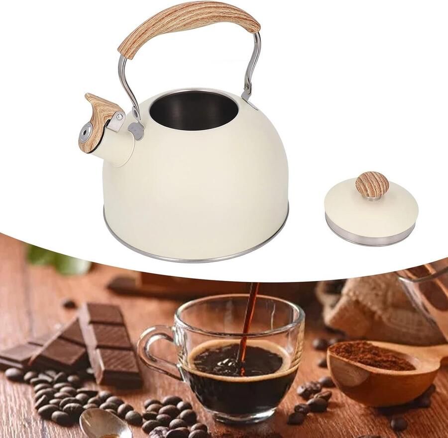 Waterkoker Fluitketel Theepot RVS Water Koken Ergonomisch Handvat 2.5 Liter Beige