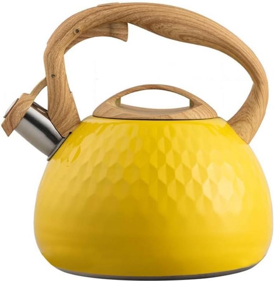 Roestvrijstalen Theepot Fluitketel Water Koken Houtnerf Handvat 3 Liter Geel
