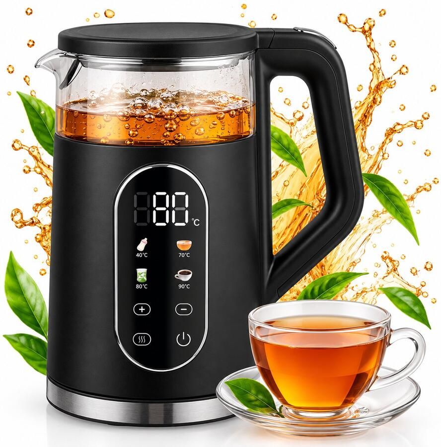 Waterkoker Glazen Waterkoker 1 7L met Temperatuurselectie Digitaal Display en 2200W Vermogen