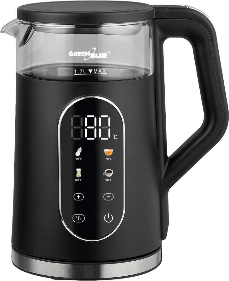 Waterkoker Glazen Waterreservoir Temperatuurregeling 40-100°C Snoerloos 360° Voet Voor Koffie en Thee