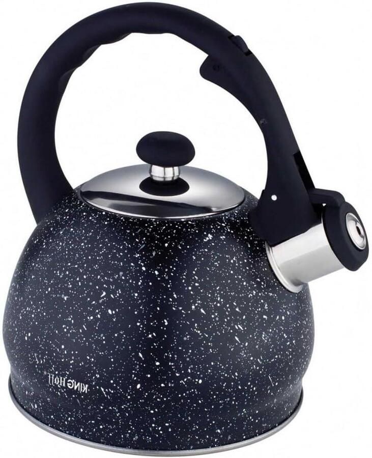 Waterkoker met Fluit Klassieke Ketel Thee en Koffie Marmerlook Coating 2 Liter Inhoud Zwart Roestvrij Staal