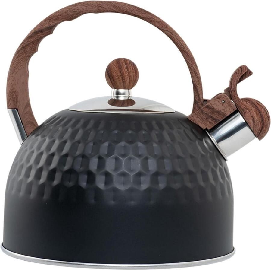 Waterkoker met Fluit Theepot RVS Water Koken Houten Handvat 2.5 Liter Zwart