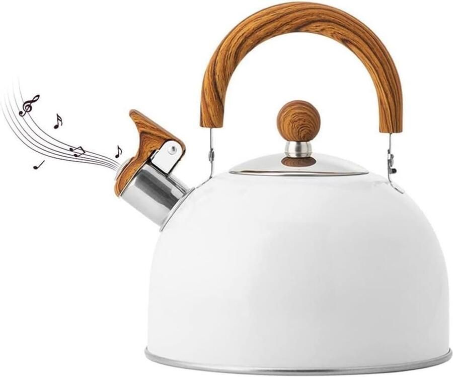 Waterkoker met Fluitje Kookketel Theepot Water Koken Roestvrij Staal 2.5 Liter Wit