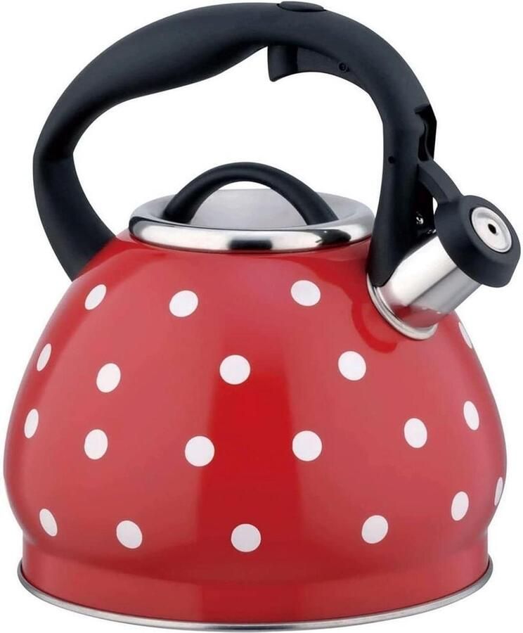 Waterkoker met Fluitje Theeketel Kookpan Water Koken Vrolijk Polka Dot Design 3 Liter Rood