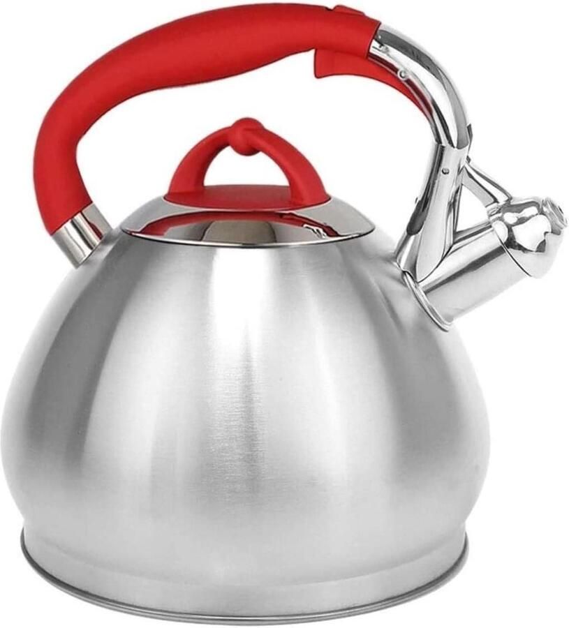 Waterkoker met Fluitje Theeketel Roestvrij Staal Koffie en Thee Zetten Drievoudige Bodem 3.4 Liter Rood