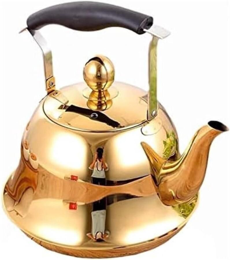 Waterkoker met Fluitje Theeketel Roestvrij Staal Water Koken Universele Kookplaat Geschikt 2L Goud