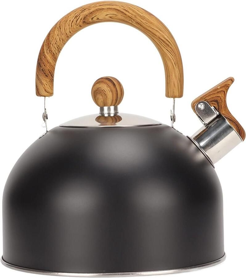Waterkoker met Fluitje Theeketel Roestvrijstaal Koffie en Thee Zetten Ergonomisch Houten Handvat 25 Liter Zilverkleurig