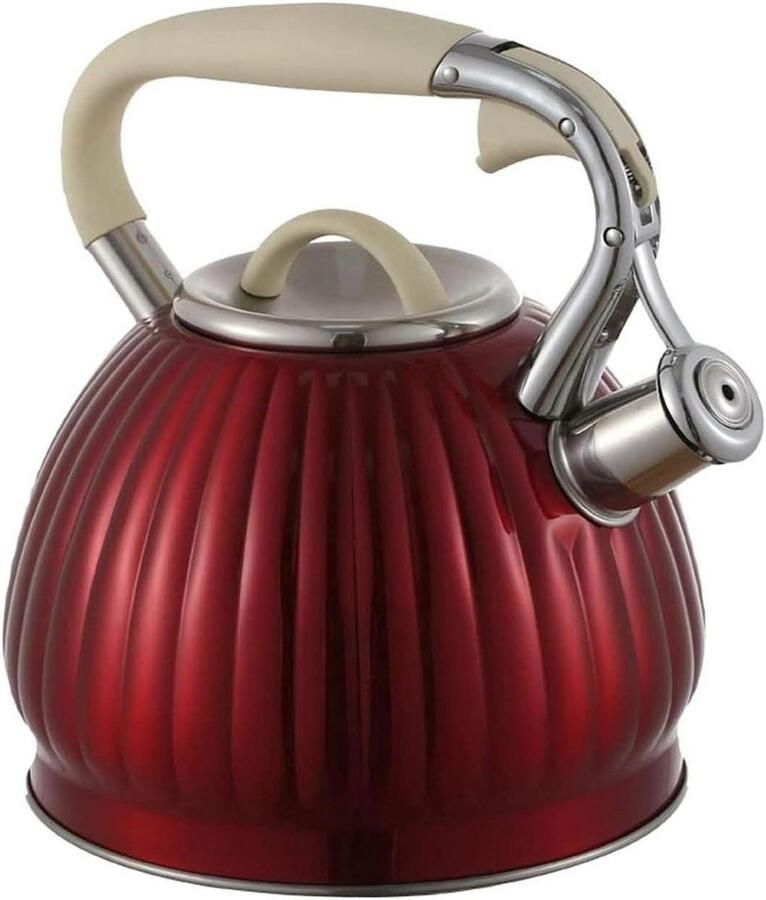 Waterkoker met Fluitje Theeketel RVS Water Koken Roestvrij Staal 3 Liter Rood