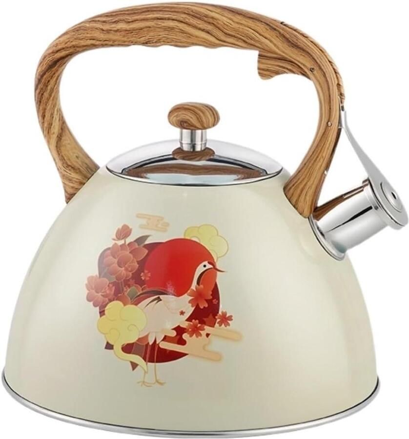 Waterkoker Met Fluitje Theepot Ketel Koken Buiten Houten Handvat 3 Liter Beige