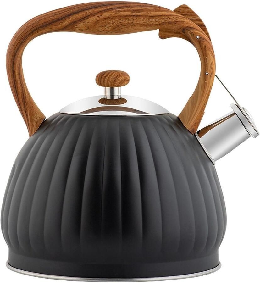 Waterkoker met Fluitje Theepot Roestvrij Staal Koffie en Thee Zetten Grote Capaciteit 3.5L 19.5x22.5cm Zwart