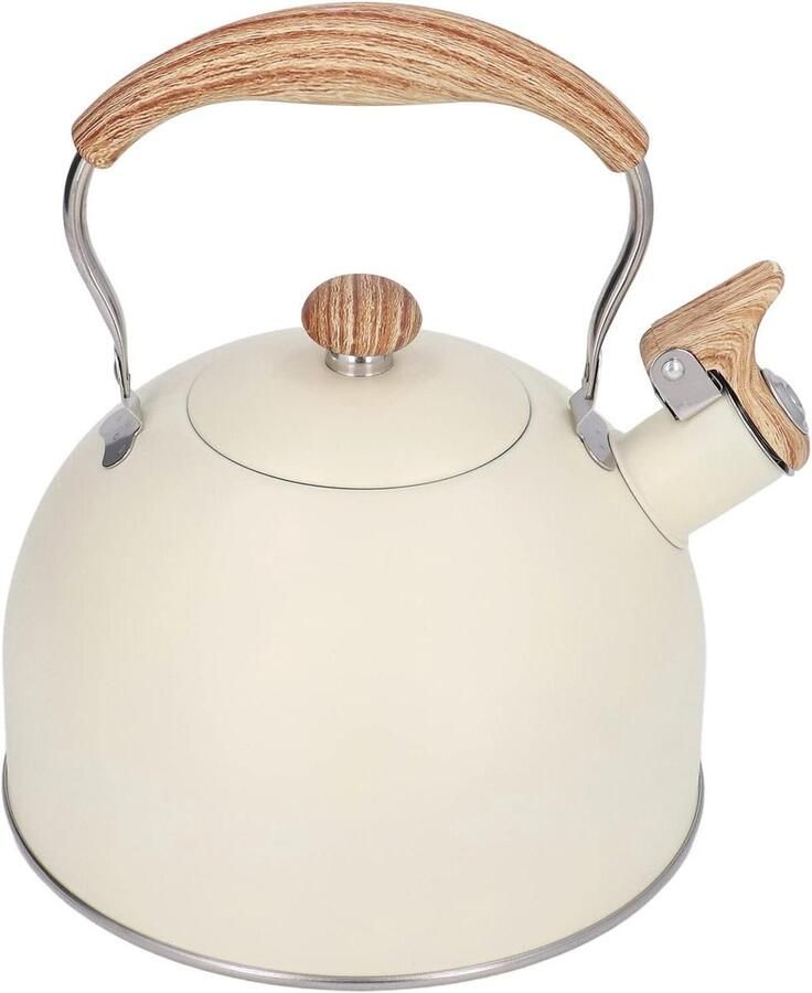 Waterkoker Met Fluitje Theepot Roestvrijstaal Water Koken Houtkleur Handvat 2.5 Liter Beige