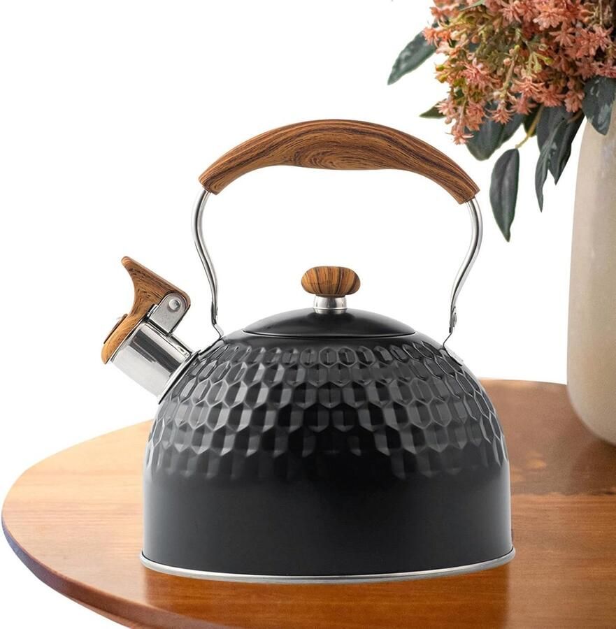 Waterkoker met fluitje Theepot RVS Koken voor thee Snelle gelijkmatige warmte 25 liter capaciteit Zwart hamerslag