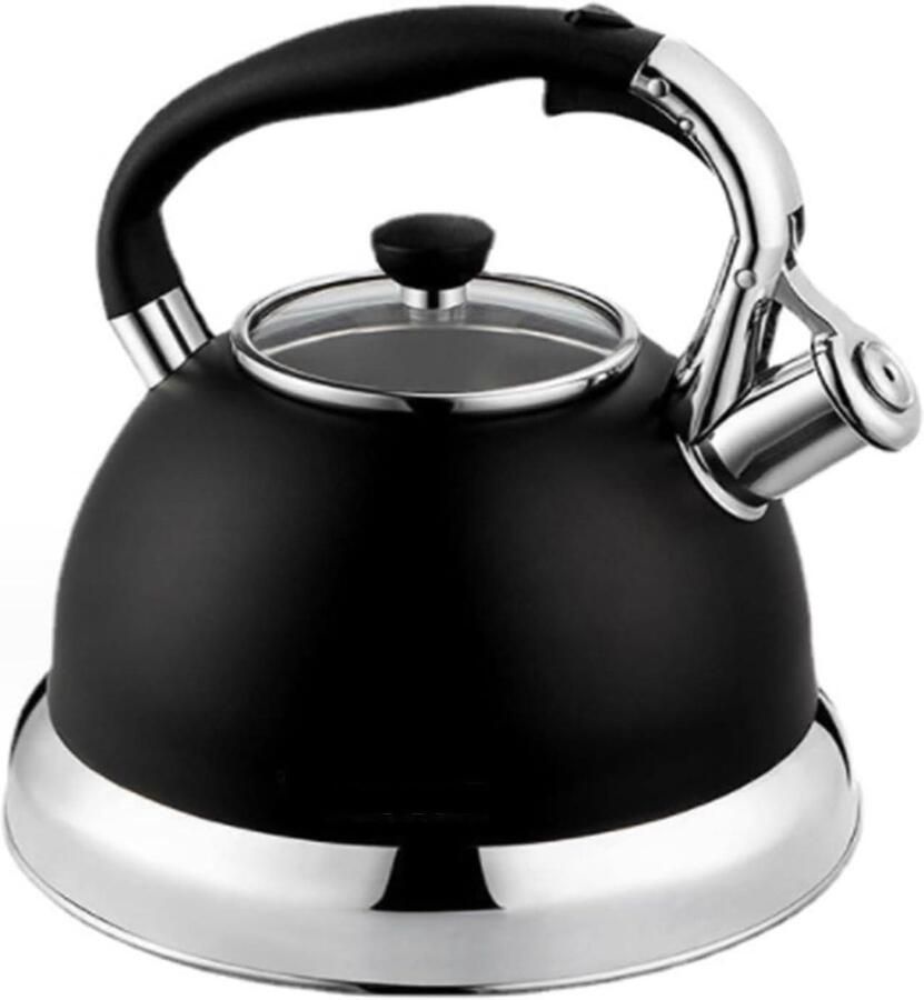 Waterkoker Met Fluitje Theepot RVS Water Koken Hittebestendig Glasdeksel 3.5 Liter Zwart