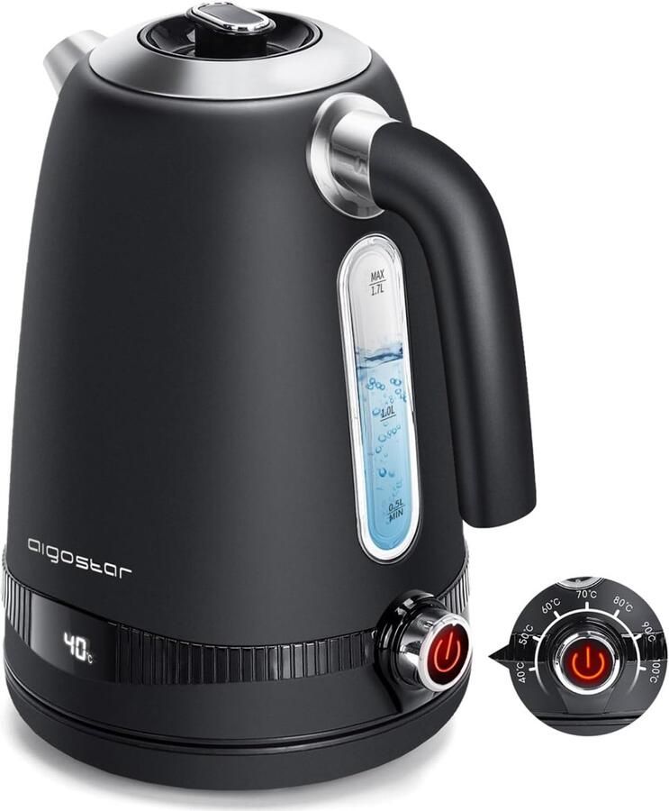 Waterkoker met Instelbare Temperatuur van 40°C tot 100°C Elektrische Roestvrij Staal Waterkoker 1 7 L 2200W met LED-Display