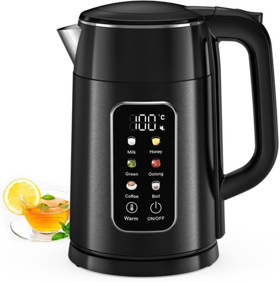 Waterkoker met temperatuurinstelling 1 7 l 2200 W roestvrij staal zwart met 6 temperatuurniveaus kleurendisplay 2 uur warmhoudfunctie elektrische theekoker dubbelwandig BPA-vrij