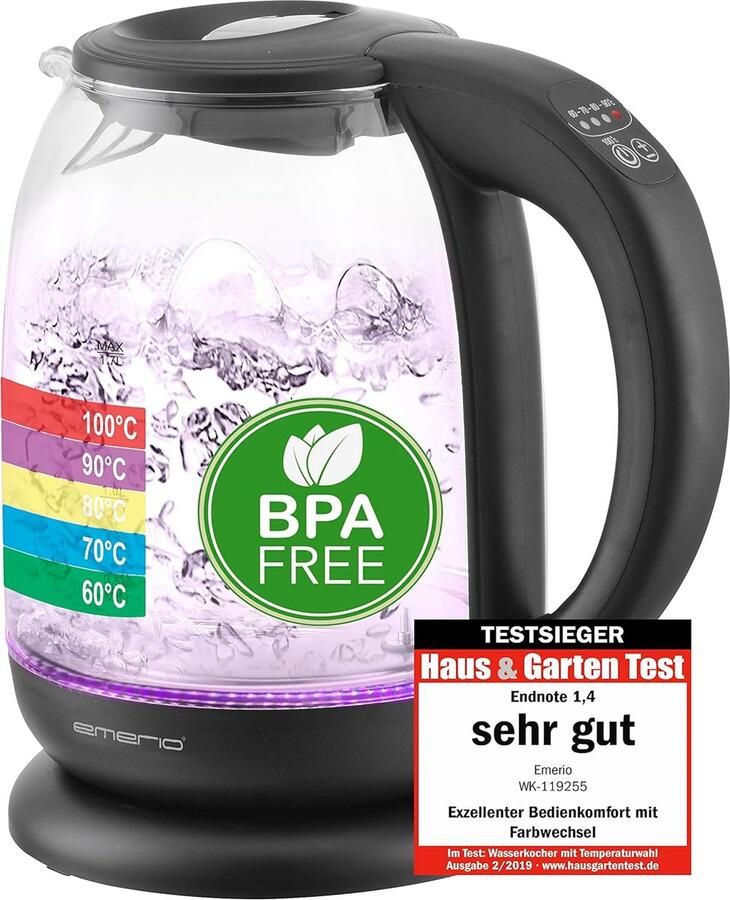 Waterkoker met temperatuurkeuze en hoogwaardig borosilicaatglas Testwinnaar