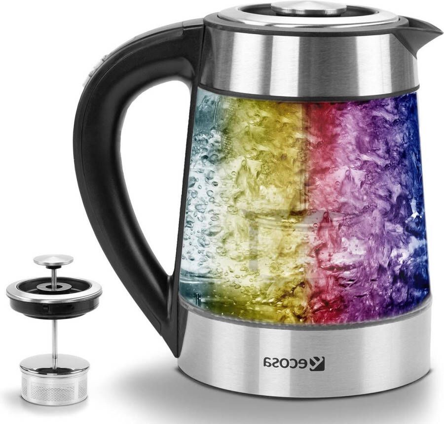 Premium Waterkoker met Temperatuurregeling 40°C tot 100°C – Met LED Display en LED Verlichting 2200W – Met Uitneembare Theezeef en Kalkfilter Warmhoudfunctie – Waterkokers – BPA vrij – 1.7L – Glas – 360 Graden Draaibaar Waterkoker RVS en Zwart