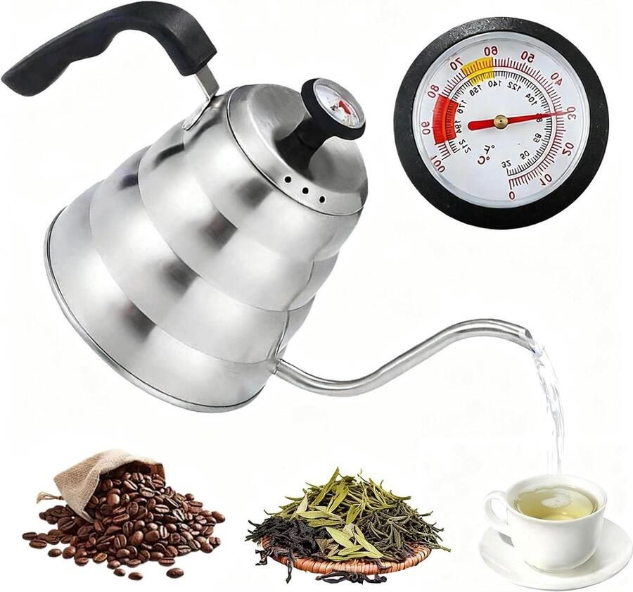 Waterkoker met Thermometer Theeketel Gietkan Koffie en Thee Zetten Precise Gietuitloop 1 Liter Zilverkleurig
