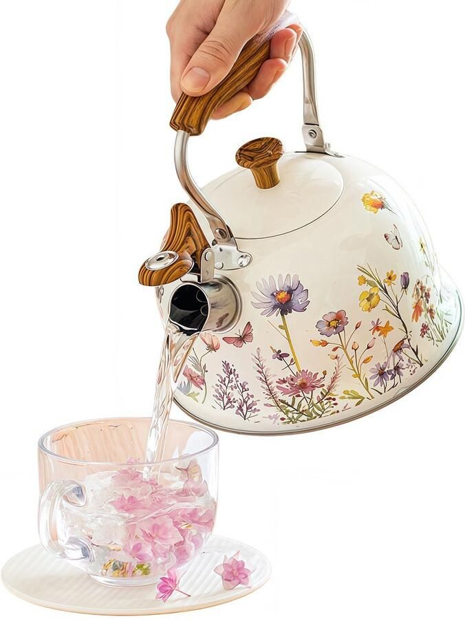 Waterkoker retro Roestvrijstalen Fluitketel 3L met Bloemenprint Ergonomische Handgreep Geschikt voor Alle Kookplaten incl. Inductie 22.5 x 19.8 cm