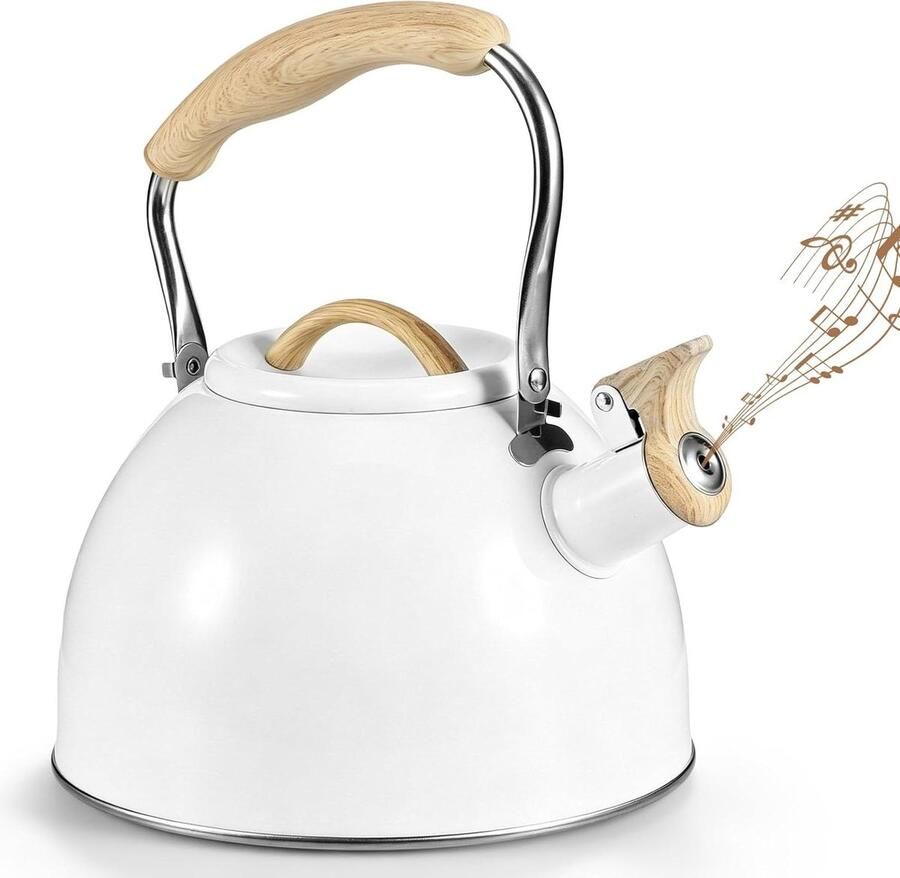 Waterkoker Roestvrij Staal Fluitketel Inductie Thee en Koffie Stijlvol Houtnerf Detail 3 Liter Capaciteit Zilver