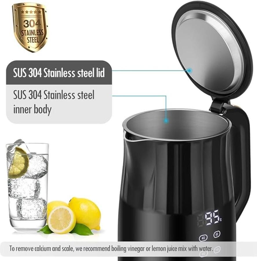 Waterkoker RVS Roestvrijstaal 1 7 Liter Temperatuurregeling 40-100°C LED Temperatuurdisplay 7 Kleuren LED Verlichting Warmhoudfunctie BPA-vrij Theeketel