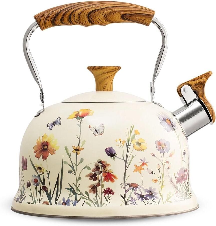 Waterkoker RVS Theepot Fluitketel Koffie en Thee Zijfluitje 3 Liter Wit Paars