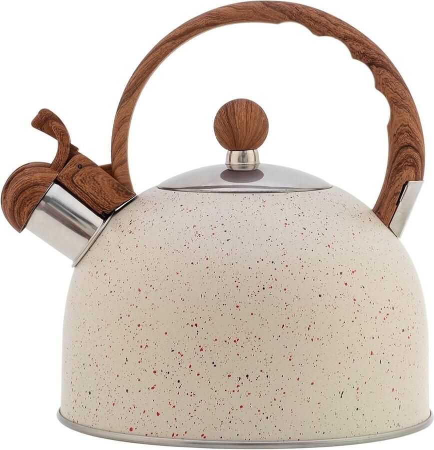 Waterkoker RVS Theepot Fluitketel Water Koken Houtnerf Handvat 2.2 Liter Galaxy Wit