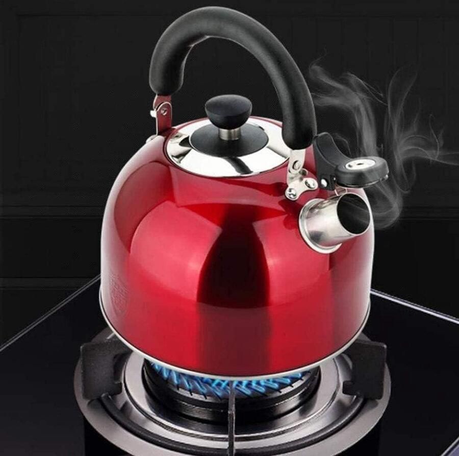 Waterkoker RVS Theepot Ketel Water Koken Met Fluitje 4L Rood
