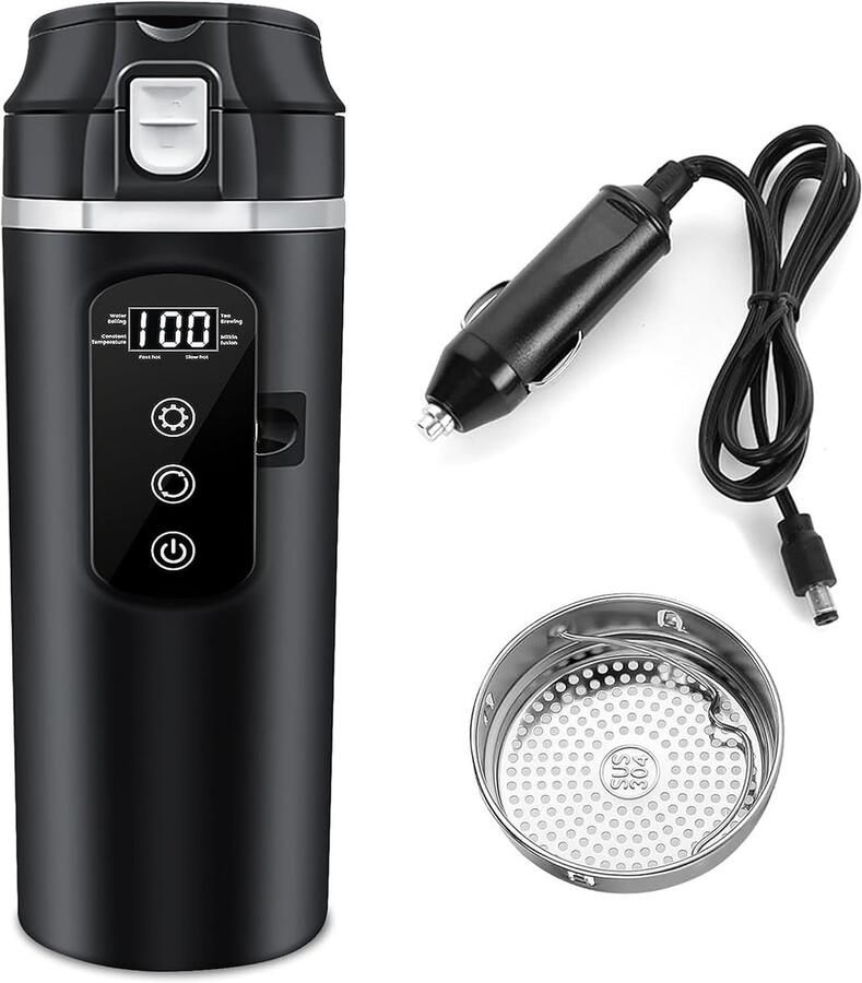 Waterkoker voor auto 500 ml Dc 12 V 24 V elektrische waterkoker voor reisbeker auto met lcd-display draagbaar voor auto reizen camping (zwart)