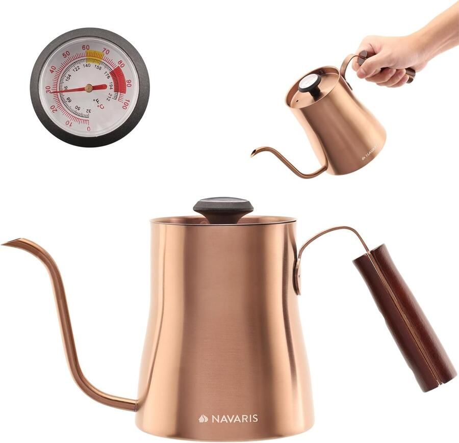 Waterkoker voor fornuis Zwanenhals ketel Pour over koffie Geïntegreerde thermometer 1 Liter Koper