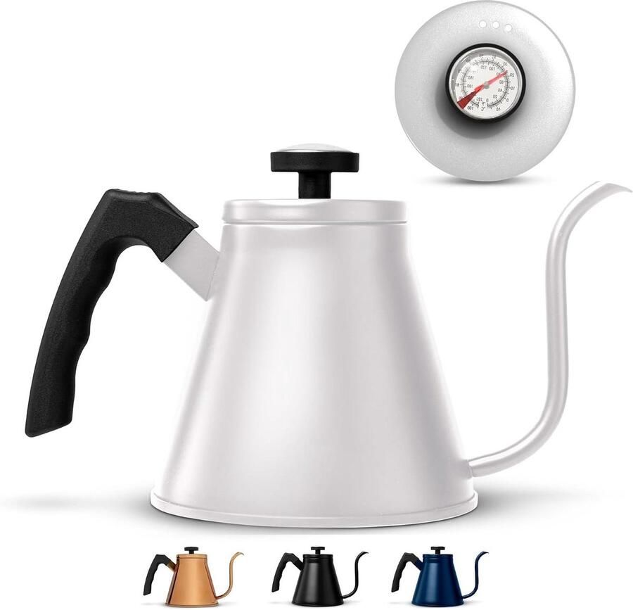 Waterkoker zwanenhals Koffie theeketel Giet over koffie Ingebouwde thermometer 0.8 Liter Wit