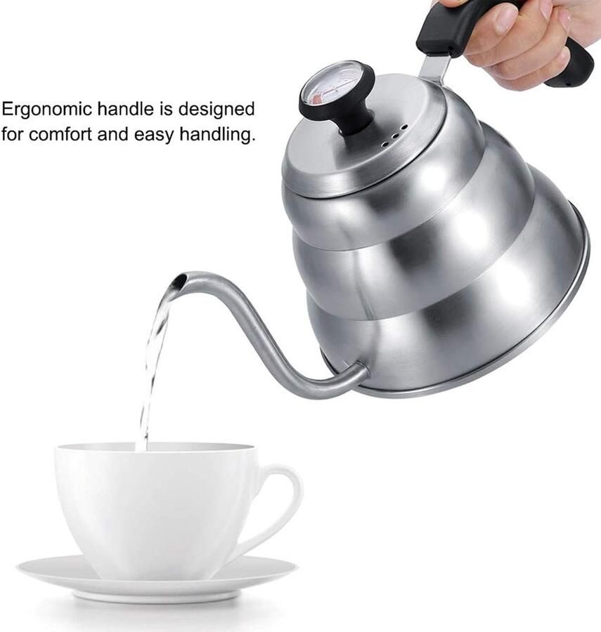 Waterkoker Zwanenhals Koffieketel Druppel Thee en Koffie Ingebouwde Thermometer 1 Liter Zilver - Foto 2
