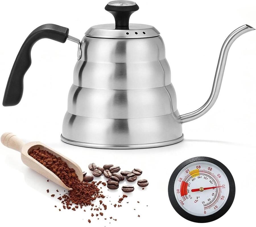 Waterkoker Zwanenhals Koffieketel Koffie Zetten Met Geïntegreerde Thermometer 1.2 Liter Zilver
