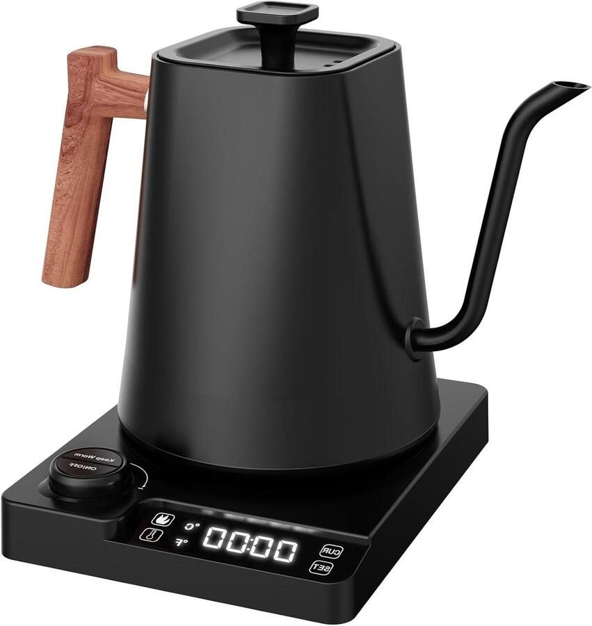 Waterkoker Zwanenhals Koffieketel Precisie Thee en Koffie Zetten Instelbare Temperatuur 1 Liter 1200 Watt Houtkleur Zwart