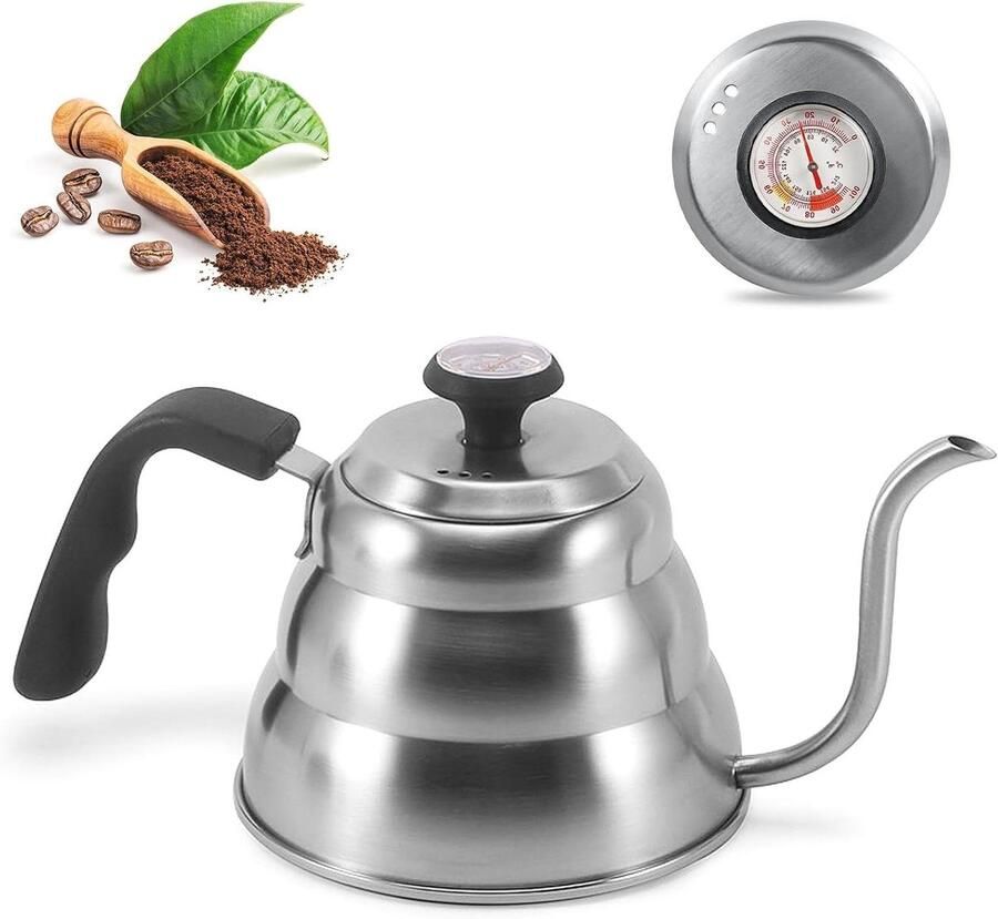 Waterkoker Zwanenhals Koffiepot Ketel Perfect Koffie Zetten Ingebouwde Thermometer 1 Liter Inhoud Zilver