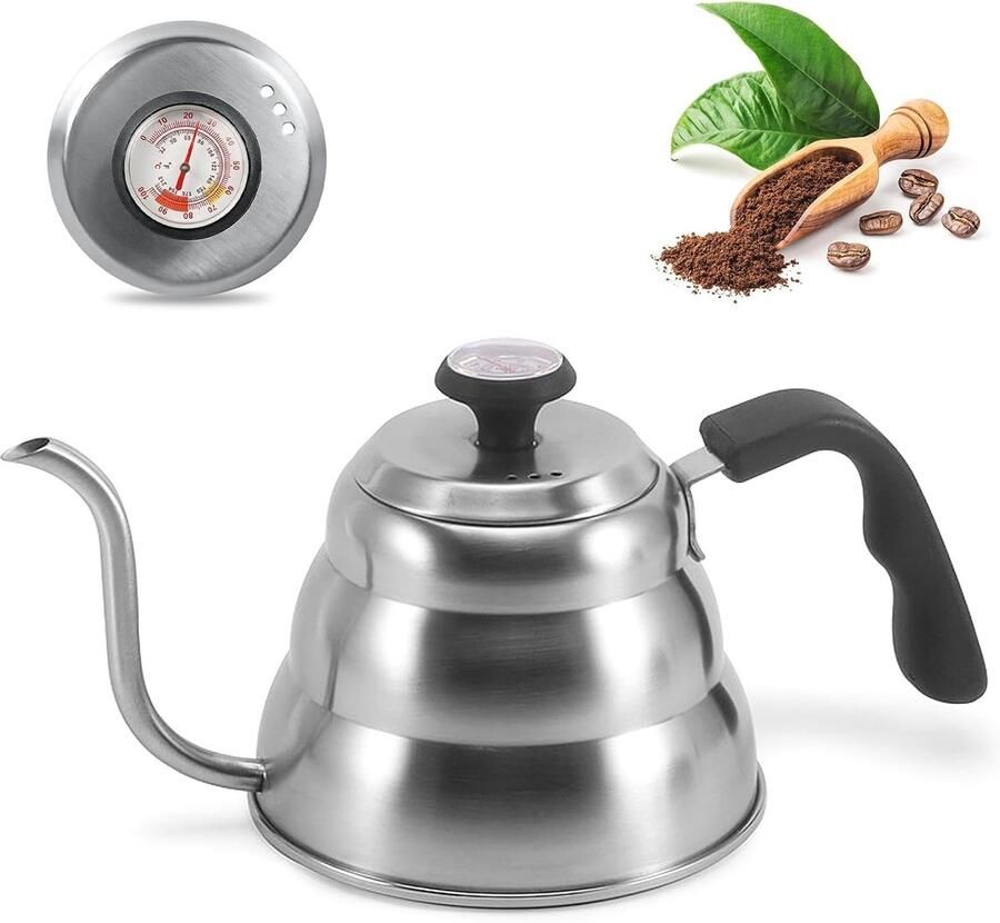 Waterkoker Zwanenhals Koffiepot Ketel Precisie Koffie Zetten Ingebouwde Thermometer 1 Liter Inhoud Zilverkleurig