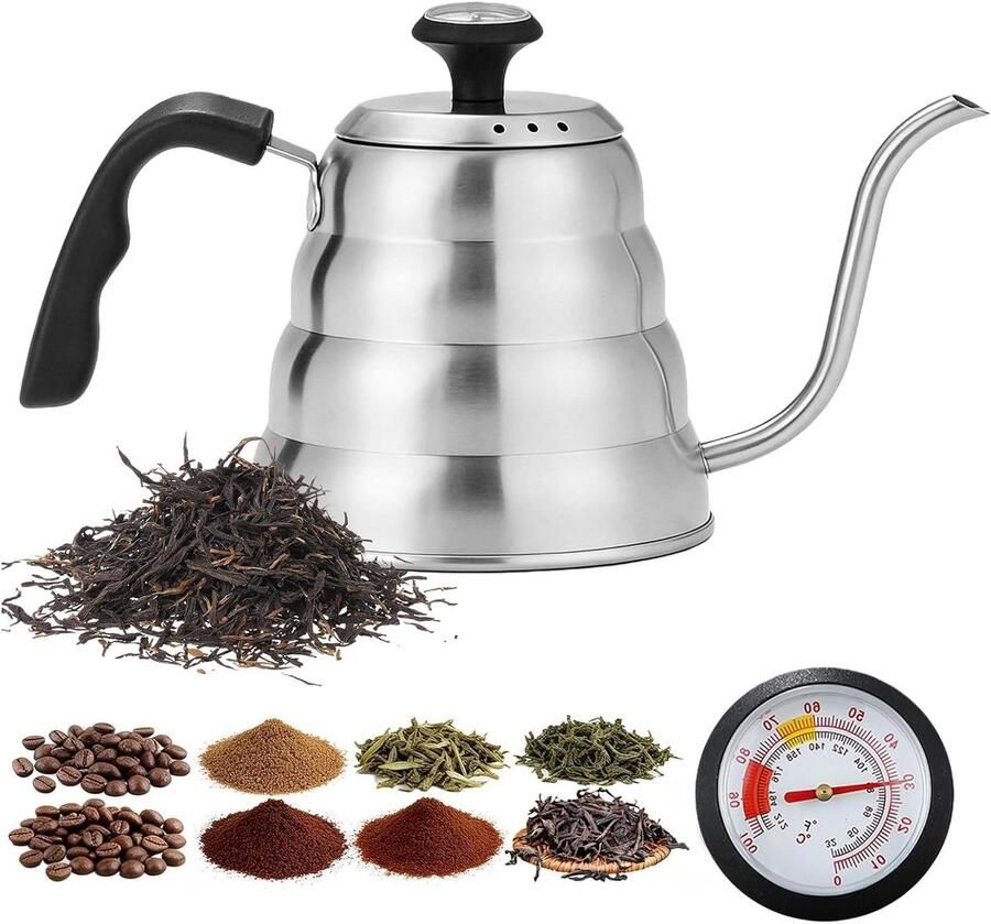 Waterkoker Zwanenhals Koffiepot Lange Uitloop Koffie Thee Zetten Geïntegreerde Thermometer 1 Liter Zilver