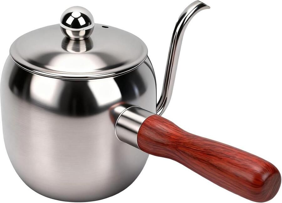 Waterkoker Zwanenhals Koffiepot Theepot Buiten Koken Roestvrij Staal Hout 500 Ml Zilver