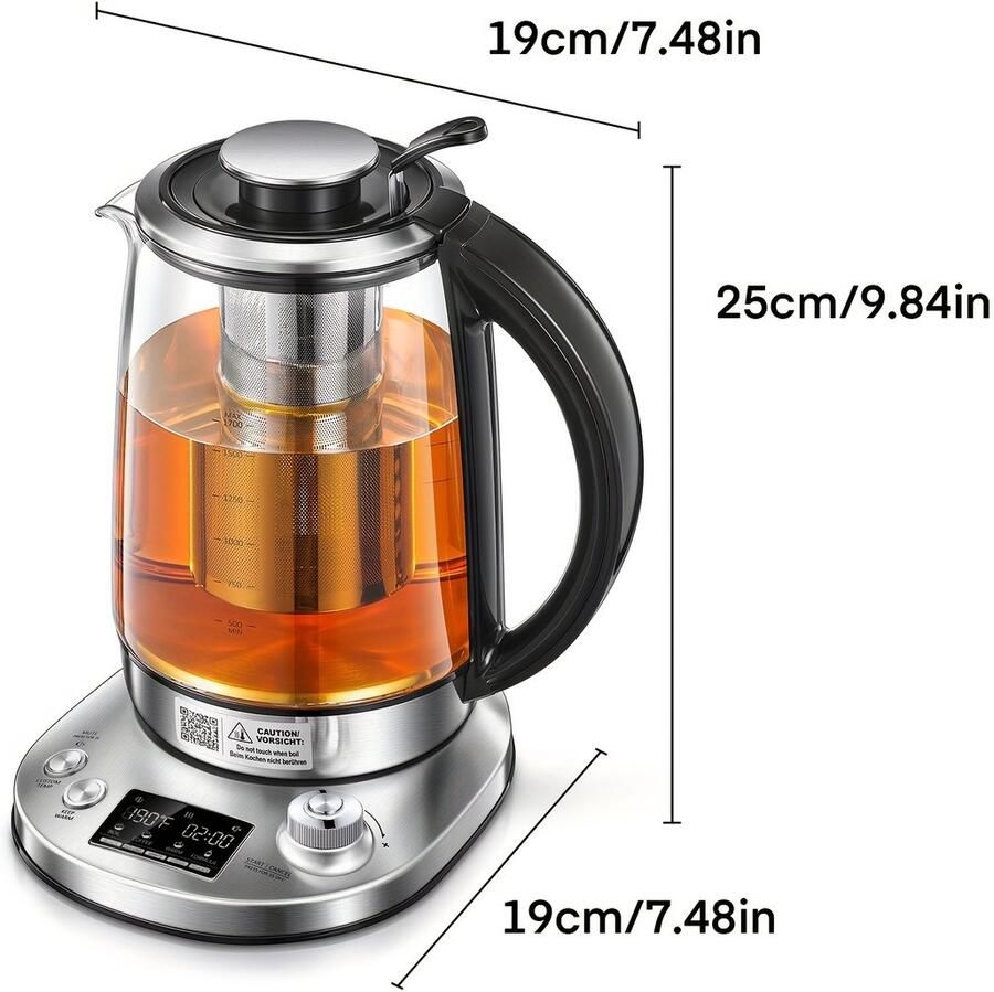 Waterkokers-Waterkoker met 9 temperatuurregeling-Glazen Design- 2200W Vermogen-Uitneembare Infuus- 2-Uurs Keep Warm Functie-1.7-Liter Inhoud -Gemaakt van Borosilicaatglas en Roestvrij Staal-Geschikt voor Warme Thee en Koud Water