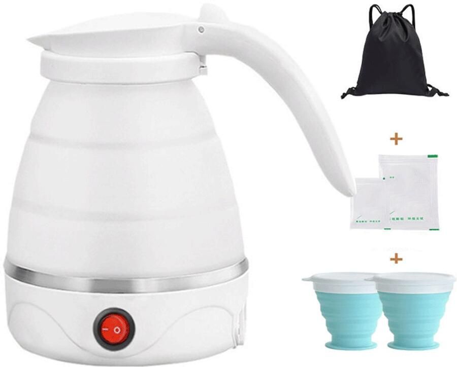 Waterkokers waterkoker Reiswaterfles 0 6 liter Opvouwbare waterkoker 2 opvouwbare bekers 600W Klein en opvouwbaar Draagbare waterfles Geschikt voor kamperen Inclusief opbergtas Wit
