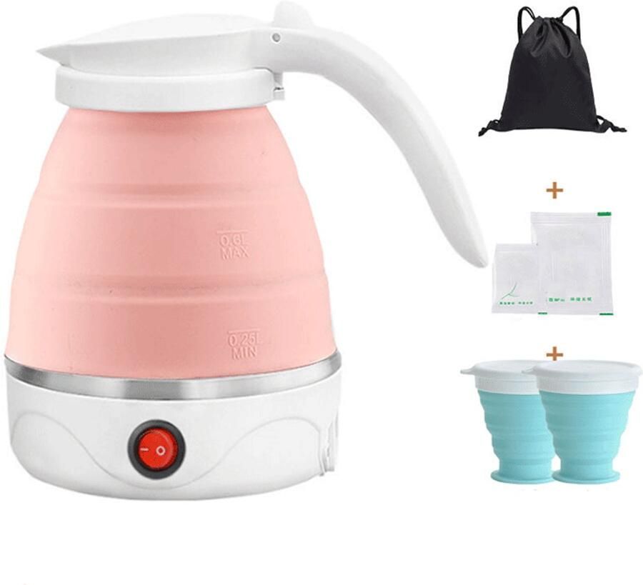 Waterkokers waterkoker Reiswaterfles 0 6 liter Opvouwbare waterkoker 2 opvouwbare bekers 600W Klein en opvouwbaar Draagbare waterfles Geschikt voor kamperen Inclusief opbergtas Roze