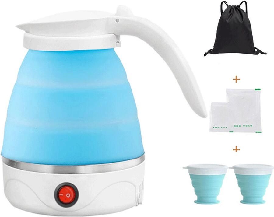 Waterkokers waterkoker Reiswaterfles 0 6 liter Opvouwbare waterkoker 2 opvouwbare bekers 600W Klein en opvouwbaar Draagbare waterfles Geschikt voor kamperen Inclusief opbergtas Blauw