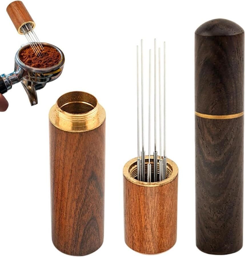 WDT Tool Espresso Koffieroerder Verdeeltool Gelijkmatige Koffiedistributie 6 Fijne Roestvrijstalen Naalden Compact Handzaam Formaat Natuurhout