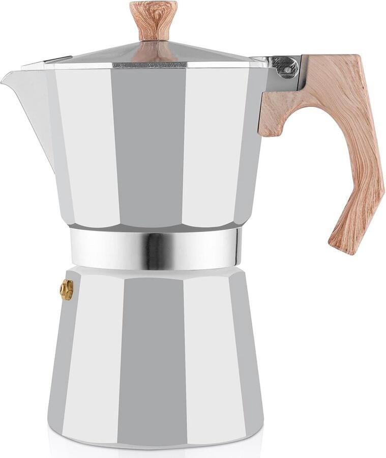 Wedrink Moka Stove Espressomachine 9 kopjes 6 kopjes Italiaanse espressomachine mokka-pot 300 ml 450 ml verbrandingsbestendig houten handvat (6 kopjes zilver)