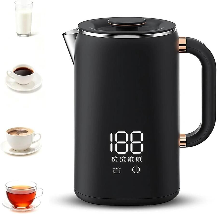 Weelora Waterkoker Met Temperatuurregeling Waterkoker Zwart Elektrische Waterkoker 1500W 5 Temperatuurniveaus Isolatiepot Capaciteit 1.7 Liter