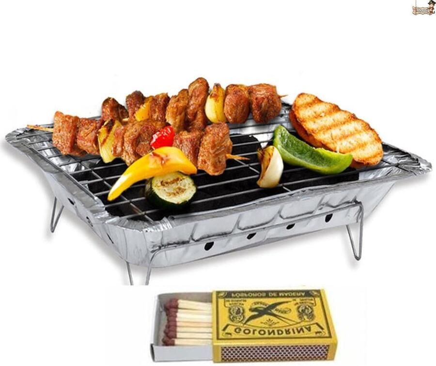 Wegwerp Grill Draagbare Barbecue Buiten Koken Inclusief Lucifers 25 x 31 cm Metallic